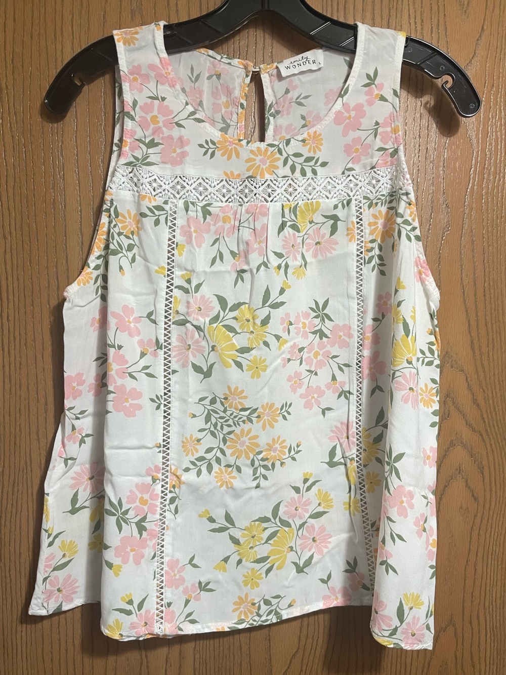 Floral Lace-Trim Tank Top in White with Pink & Yellow Floral Pattern